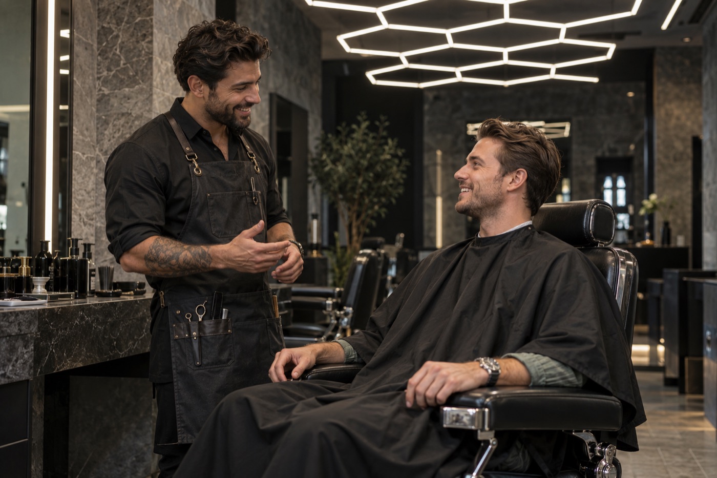 Barber and client talking and smiling together before a haircut in a barbershop