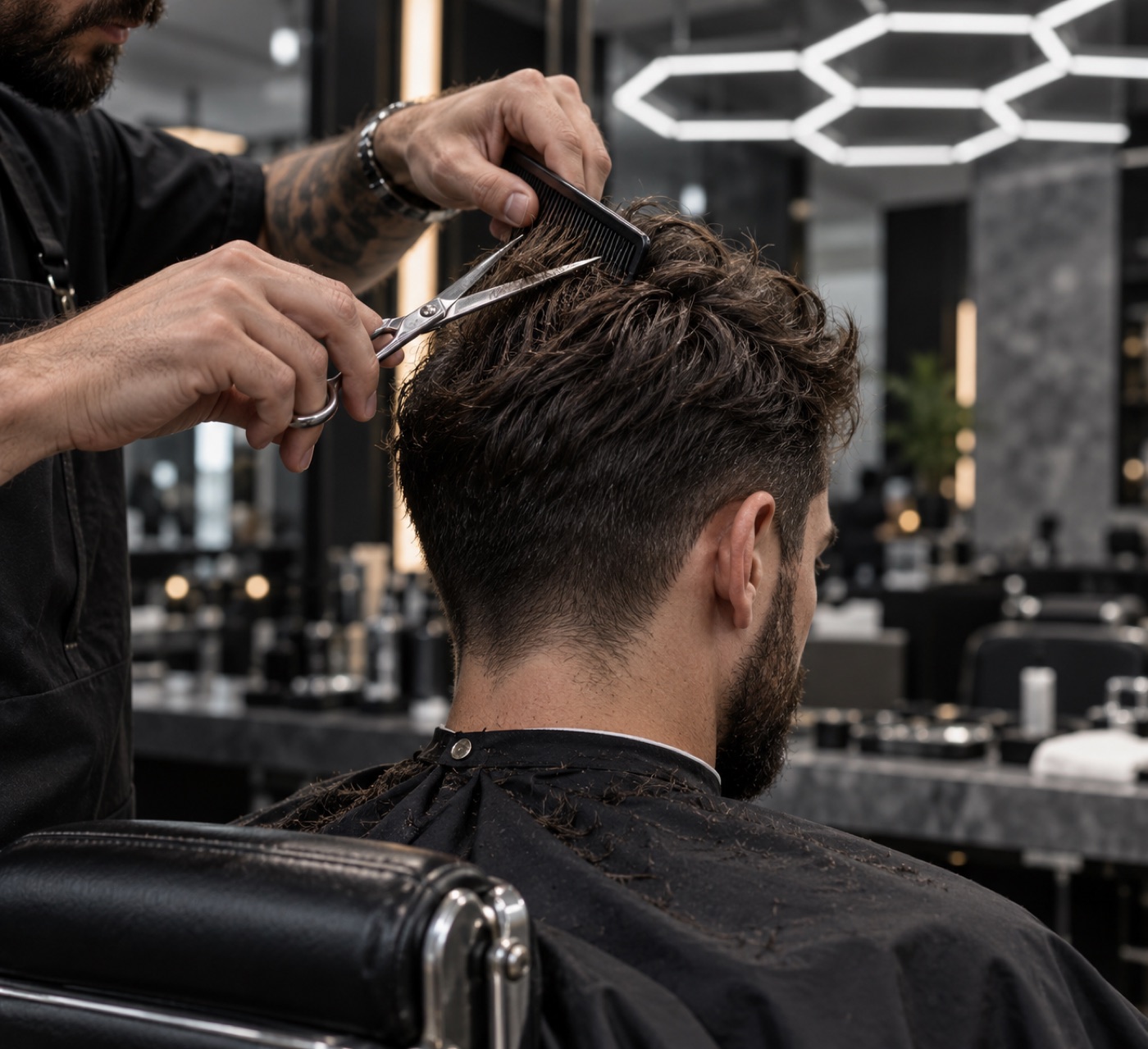 Barber trimming a male client's hair with scissors in a modern barbershop