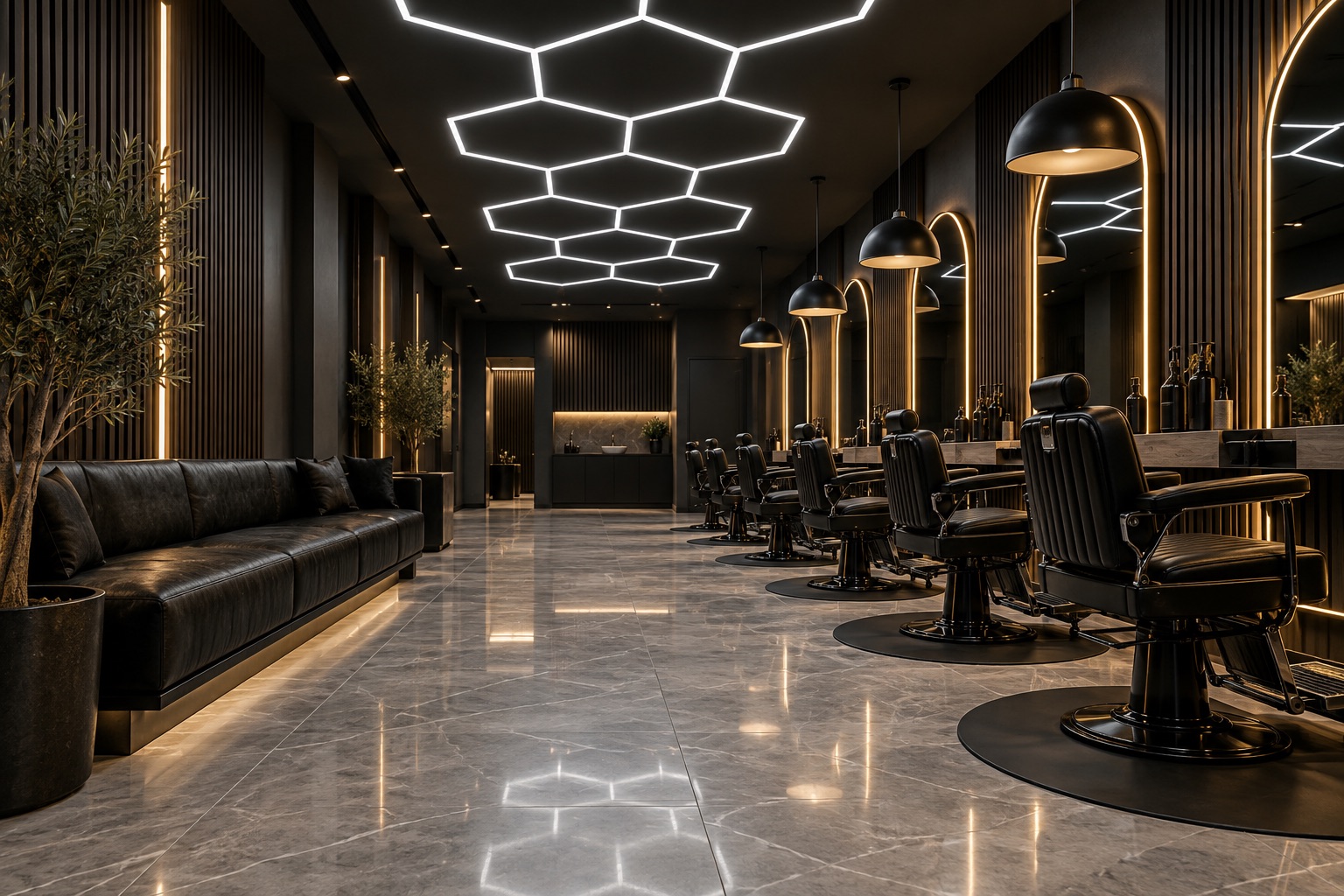 Modern interior of Faded Society barbershop in Clyde North, with signature hexagonal LED ceiling lighting and rows of black leather barber chairs