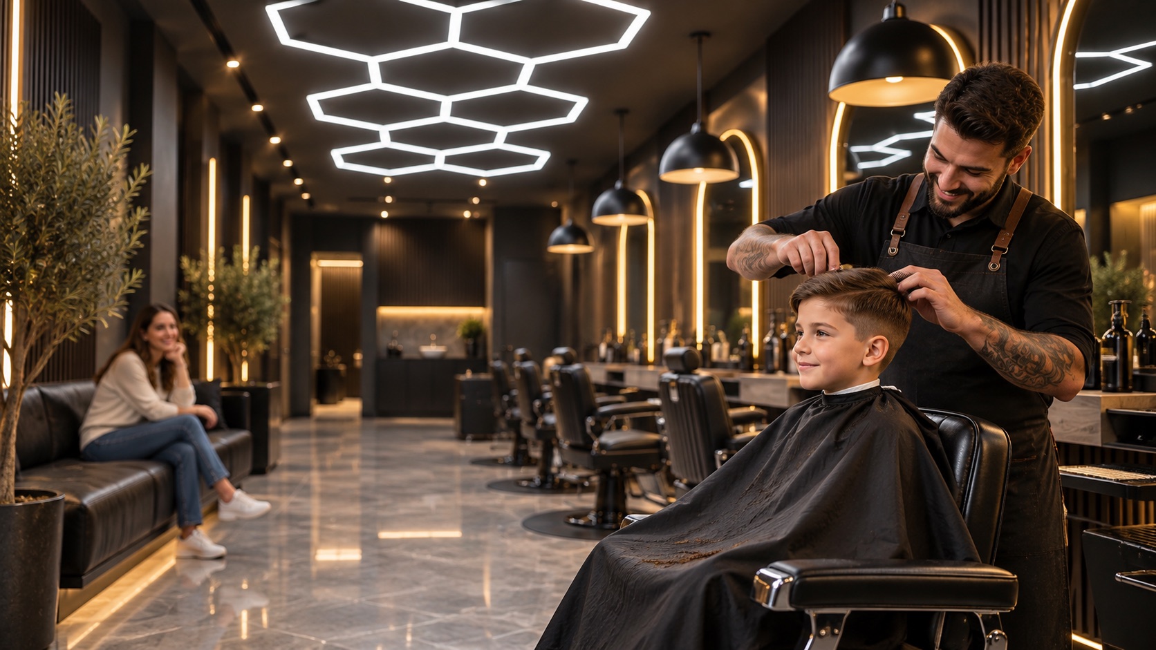 Child receiving a relaxed first haircut at Faded Society barbershop in Clyde North