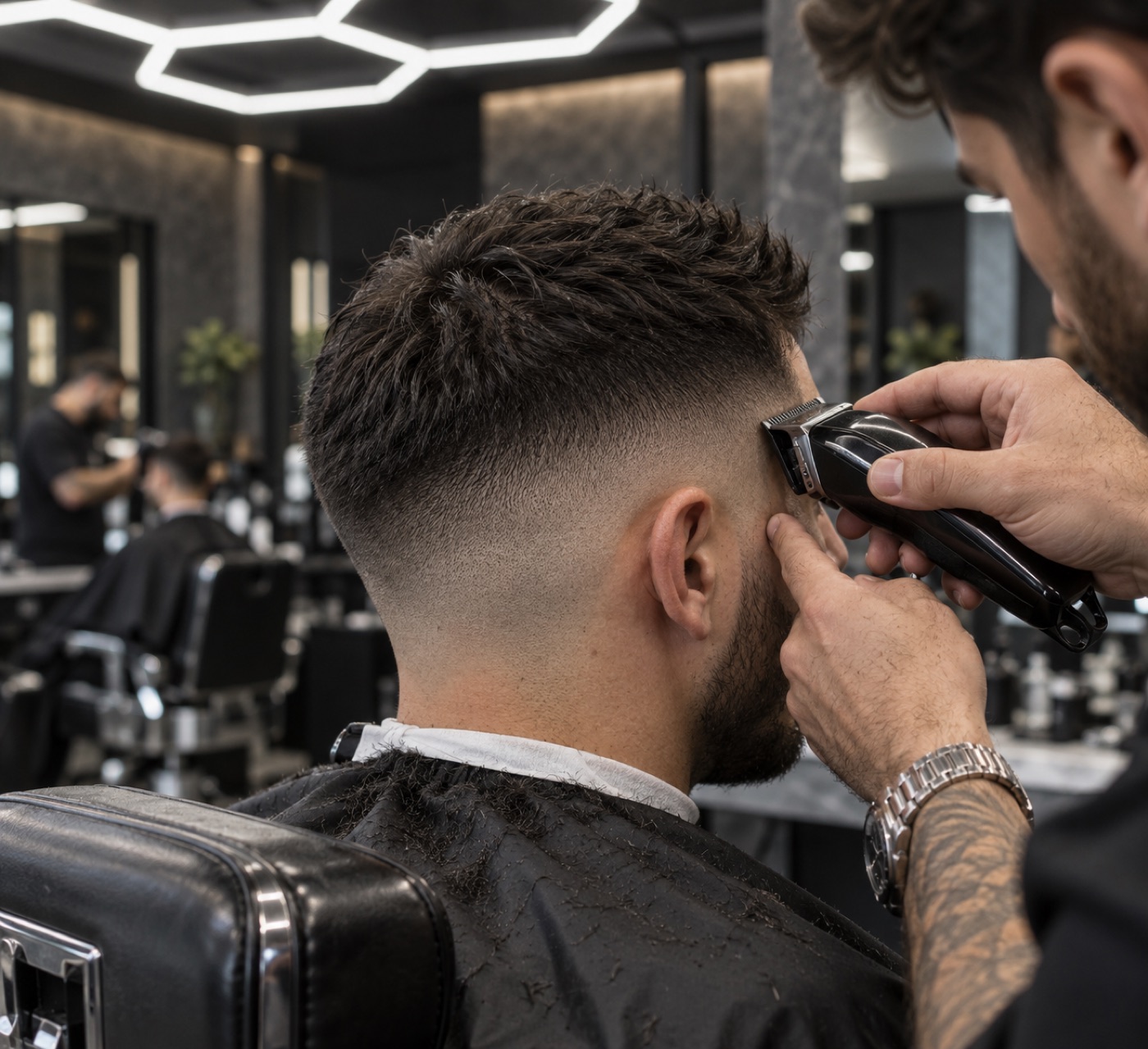 Barber using clippers to blend a skin fade on a male client in a modern barbershop